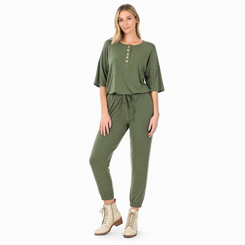 Cottagecore Boho Bohemian Minimalist Jumpsuit RP-43056 Casual Zenana L Olive